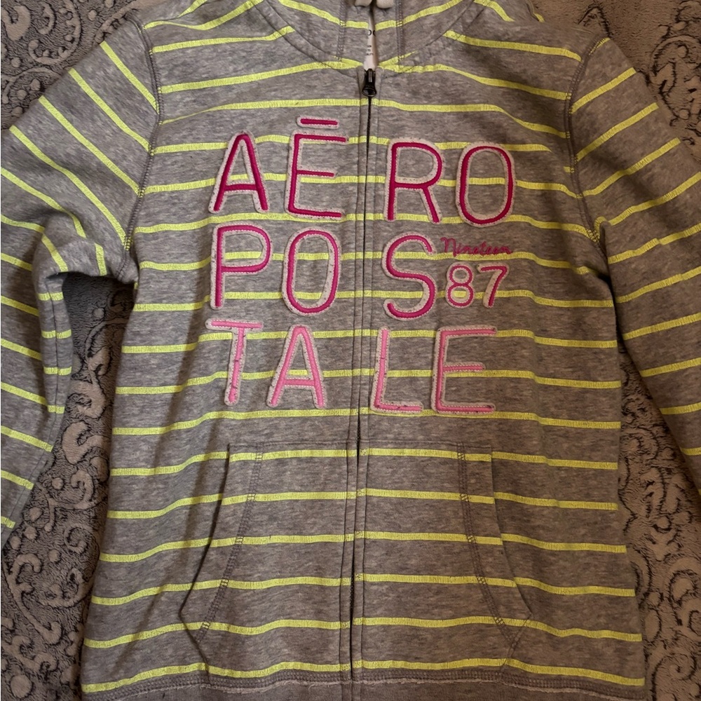 Aeropostale grey & lime green striped zip up jacket with pink accents Size L